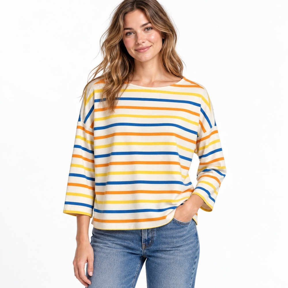 La Ligne Striped Cotton Long Sleeve Tee Womens M Blue Orange Yellow Relaxed